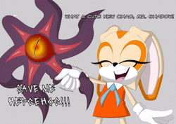 Size: 4093x2894 | Tagged: safe, artist:thecakeee, black doom, cream the rabbit, 2024, dialogue, doom's eye, duo, english text, grabbing, grey background, simple background, smile, text