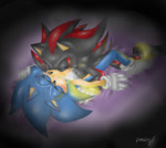 Size: 642x572 | Tagged: safe, artist:blueneedle-inu, shadow the hedgehog, sonic the hedgehog, 2012, bed, blushing, duo, eyes closed, gay, kiss, lineless, lying back, lying down, lying on front, lying on them, shadow x sonic, shipping, signature, sweatdrop