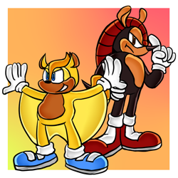 Size: 550x550 | Tagged: safe, artist:metallicmadness, mighty the armadillo, ray the flying squirrel, 2017, arms out, border, dark skin, duo, frown, gradient background, hand on hip, looking at viewer, looking offscreen, pointing, signature, smile, standing, uekawa style