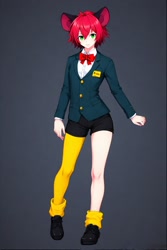 Size: 512x768 | Tagged: safe, ai art, barry the quokka, human, asymmetrical clothes, asymmetrical legwear, blazer, bowtie, crimson hair, gradient background, green eyes, humanized, name tag, official style, partially humanized, shirt, shoes, shorts, single leg pantyhose, socks, solo