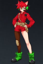 Size: 512x768 | Tagged: safe, ai art, gadget the wolf, human, asymmetrical clothes, asymmetrical legwear, belt, boots, glasses, headset, humanized, male, official style, orange eyes, red hair, shirt, shorts, single leg pantyhose