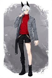 Size: 512x768 | Tagged: safe, ai art, infinite the jackal, human, abstract background, asymmetrical clothes, asymmetrical footwear, asymmetrical legwear, blue eyes, heterochromia, humanized, jacket, male, official style, outline, partially humanized, shorts, single boot, single knee boot, single leg pantyhose, solo, sweater, yellow eyes