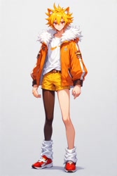 Size: 512x768 | Tagged: safe, ai art, sonic the hedgehog, human, asymmetrical clothes, asymmetrical legwear, fleetway super sonic, grey background, humanized, jacket, leg warmers, loose socks, male, official style, partially humanized, red eyes, shirt, shoes, shorts, simple background, single leg pantyhose, solo, super form, yellow hair