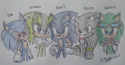 Size: 2175x1127 | Tagged: safe, artist:luizneto16, scourge the hedgehog, sonic the hedgehog, oc, oc:ashura the hedgehog, oc:sonic.exe, hedgehog, 2025, arms folded, black sclera, character name, frown, group, hands on hips, looking at viewer, pencilwork, scar, self paradox, sharp teeth, signature, smile, terios the hedgehog, text, traditional media