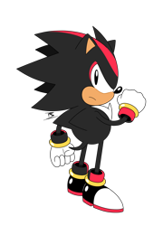 Size: 900x1250 | Tagged: safe, artist:sarkenthehedgehog, shadow the hedgehog, 2019, classic shadow, clenched fist, flat colors, frown, looking at viewer, looking back, looking back at viewer, signature, solo, standing, tyson hesse style