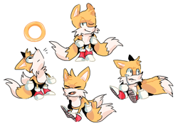 Size: 982x703 | Tagged: safe, artist:kamifoxart, miles "tails" prower, 2017, crying, cute, frown, looking offscreen, looking up, ring, simple background, sitting, smile, solo, standing, tailabetes, tears, white background, wink