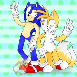 Size: 768x768 | Tagged: safe, artist:sparrowlefoxflyer, miles "tails" prower, sonic the hedgehog, 2020, abstract background, clenched teeth, double v sign, duo, flat colors, smile, smiling at each other, v sign, watermark