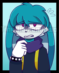 Size: 1019x1261 | Tagged: safe, artist:tinydiamondowo, kit the fennec, 2022, alternate outfit, border, clenched teeth, clothes, fennec, gradient background, lidded eyes, looking at viewer, obtrusive watermark, solo, watermark