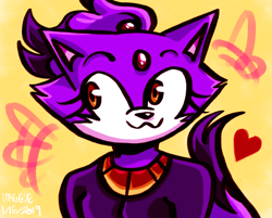 Size: 2548x2048 | Tagged: safe, artist:mushroom-cookie-bear, blaze the cat, 2019, :3, blazebetes, cute, heart, simple background, smile, smiling at viewer, solo, yellow background