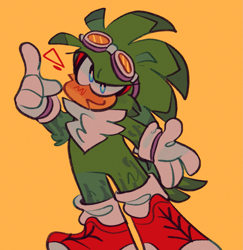 Size: 1571x1617 | Tagged: safe, artist:starfall-isle, jet the hawk, 2020, blushing, fur markings, jetabetes, looking offscreen, pointing, simple background, smile, solo, standing, yellow background