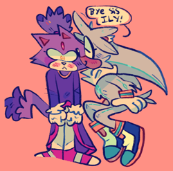 Size: 758x748 | Tagged: safe, artist:starfall-isle, blaze the cat, silver the hedgehog, 2020, :<, blazebetes, blushing, cute, dialogue, duo, ear fluff, english text, eyes closed, kiss on cheek, neck fluff, pink background, platonic, silvabetes, simple background, speech bubble, text