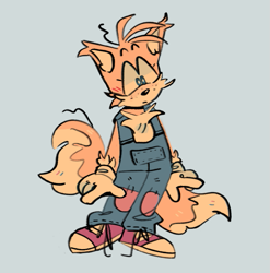 Size: 607x615 | Tagged: safe, artist:starfall-isle, miles "tails" prower, 2020, blue background, blushing, clothes, ear fluff, flat colors, freckles, frown, looking down, overalls, shoelaces, simple background, solo, standing