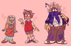 Size: 1786x1159 | Tagged: safe, artist:starfall-isle, amy rose, big the cat, cream the rabbit, human, 2020, bandaid, belt, bracelet, clothes, dark skin, dress, fishing pole, freckles, headscarf, hijab, holding something, humanized, jacket, leggings, looking at them, looking offscreen, nonbinary, nonbinary pride, outline, pants, pink background, scarf, shorts, simple background, smile, standing, tan skin, team rose, trio