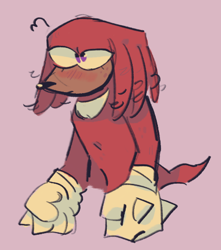 Size: 420x475 | Tagged: safe, artist:starfall-isle, knuckles the echidna, 2020, clenched fists, eyelashes, frown, looking offscreen, pink background, simple background, solo, standing, tan skin