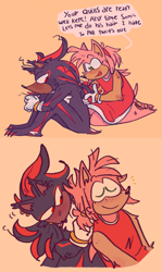 Size: 1077x1811 | Tagged: safe, artist:starfall-isle, amy rose, shadow the hedgehog, hedgehog, 2020, barefoot, claws, dialogue, duo, english text, eyes closed, kneeling, ponytail, simple background, sitting, smile, speech bubble, talking, text, yellow background