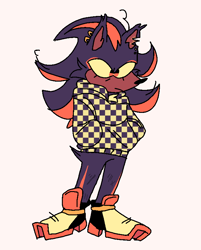 Size: 656x815 | Tagged: safe, artist:starfall-isle, shadow the hedgehog, hedgehog, 2020, chipped ear, clothes, dark skin, ear piercing, earring, eyelashes, flat colors, frown, hands in pocket, hoodie, looking offscreen, shadow's hover skates, simple background, standing, torn ear, white background