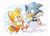Size: 700x504 | Tagged: safe, artist:aurora-silver, miles "tails" prower, sonic the hedgehog, 2025, abstract background, classic sonic, classic sonic (universe), classic tails, duo, looking at each other, mouth open, open smile, smile, smiling at each other