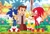 Size: 736x506 | Tagged: safe, artist:carlapereiraherrer, knuckles the echidna, miles "tails" prower, sonic the hedgehog, tom wachowski, echidna, fox, hedgehog, human, green hill zone, 2025, bush, clenched teeth, daytime, flower, grass, kneeling, mouth open, no outlines, one eye closed, open smile, outdoors, palm tree, quartet, smile, smiling at each other, smiling at viewer, standing, team sonic, thumbs up, tree, water, wink