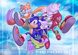 Size: 2048x1448 | Tagged: safe, artist:kopikup, knuckles the echidna, miles "tails" prower, sonic the hedgehog, sonic heroes, 2025, abstract background, clenched teeth, fly type icon, frown, looking at viewer, mid-air, power type icon, smile, smiling at viewer, speed type icon, team sonic, trio