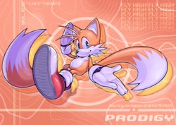 Size: 2048x1448 | Tagged: safe, artist:kopikup, miles "tails" prower, 2025, abstract background, alternate version, english text, mid-air, salute, smile, smiling at viewer, solo, text