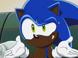 Size: 640x479 | Tagged: safe, editor:blackeditsgalore, sonic the hedgehog, 2023, black edit, dark skin, edit, shrugging, smile, solo, sonic x, sweatdrop