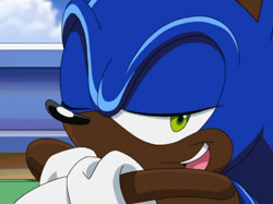 Size: 640x479 | Tagged: safe, editor:blackeditsgalore, sonic the hedgehog, 2023, black edit, dark skin, edit, looking at viewer, smile, solo, sonic x, wink