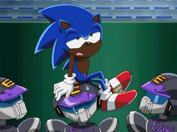 Size: 640x479 | Tagged: safe, editor:blackeditsgalore, sonic the hedgehog, 2023, black edit, dark skin, edit, edited screencap, lidded eyes, looking at viewer, on head, robot, sitting, sitting on them, solo, sonic x