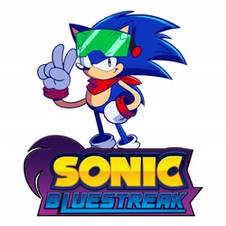 Size: 2048x2048 | Tagged: safe, artist:benbatearts, sonic the hedgehog, hedgehog, 2024, alternate universe, au:sonic bluestreak, bandana, eyewear on head, hand on hip, simple background, smile, smiling at viewer, solo, sunglasses, v sign, white background