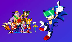 Size: 1280x749 | Tagged: safe, artist:howteyoarts, antoine d'coolette, bunnie rabbot, miles "tails" prower, nicole the hololynx, rotor walrus, sally acorn, sonic the hedgehog, 2023, alternate universe, au:sonic bluestreak, belt, bracelet, eyewear on head, goggles, group, hat, holding something, mid-air, pointing, purple background, simple background, smile, standing, sunglasses, sword