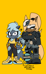 Size: 1359x2160 | Tagged: safe, artist:thatguythrt, tangle the lemur, whisper the wolf, 2024, duo, english text, eyes closed, flat colors, frown, holding something, looking at viewer, one fang, signature, simple background, smile, smiling at viewer, text, yellow background