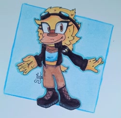 Size: 1799x1759 | Tagged: safe, artist:adairyaskie, oc, oc:emily smallbill, bird, duck, 2025, abstract background, boots, clothes, crop top, eyelashes, eyewear on head, goggles, goggles on head, jacket, looking at viewer, oc only, pants, signature, smile, smiling at viewer, solo, standing