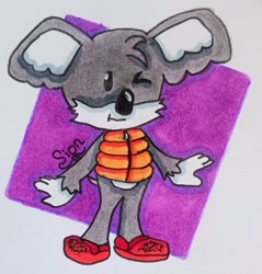 Size: 1762x1846 | Tagged: safe, artist:adairyaskie, oc, oc:aibo the koala, koala, 2025, abstract background, clothes, crocs, life jacket, looking offscreen, oc only, signature, smile, solo, standing, traditional media, wink