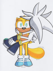 Size: 1280x1724 | Tagged: safe, artist:mightyray, ray the flying squirrel, silver the hedgehog, 2025, carrying them, duo, faic, frown, scared, signature, simple background, standing, traditional media, white background