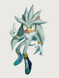 Size: 1280x1682 | Tagged: safe, artist:bzart55, silver the hedgehog, 2025, deviantart watermark, lineless, mid-air, neck fluff, obtrusive watermark, pointing, simple background, smile, smiling at viewer, solo, watermark, white background