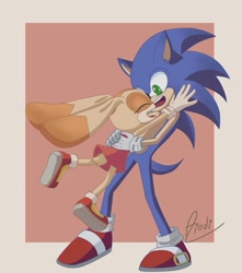 Size: 1040x1175 | Tagged: safe, artist:aionaidiafonia, cream the rabbit, sonic the hedgehog, 2023, abstract background, duo, eyes closed, hugging, looking at them, mid-air, mouth open, open smile, signature, smile, smiling at them, standing