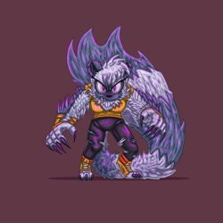 Size: 1000x1000 | Tagged: safe, artist:shady517104, tangle the lemur, 2021, claws, fangs, gloves off, glowing eyes, lineless, looking offscreen, red background, simple background, solo, standing, torn clothes, were form, werelemur