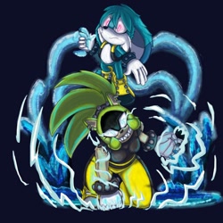 Size: 1000x1000 | Tagged: safe, artist:shady517104, kit the fennec, surge the tenrec, 2021, clenched teeth, duo, electricity, frown, glowing eyes, hand on ground, holding something, hydrokinesis, kneeling, looking at viewer, mid-air, purple background, sharp teeth, simple background, smile, smiling at viewer, tentacle, water