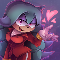 Size: 2500x2500 | Tagged: safe, artist:violetstardoesart, breezie the hedgehog, hedgehog, 2021, abstract background, absurd res, heart, lidded eyes, mouth open, open smile, outline, signature, smile, smiling at viewer, solo, standing