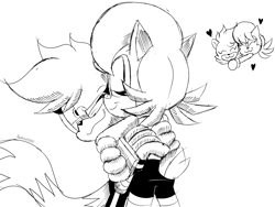 Size: 4000x3000 | Tagged: safe, artist:fartist2020, sally acorn, tangle the lemur, 2025, :3, black and white, cute, duo, eyes closed, heart, hugging, looking at them, monochrome, one eye closed, simple background, smile, standing, white background