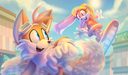 Size: 3700x2160 | Tagged: safe, artist:violetstardoesart, cream the rabbit, miles "tails" prower, 2025, abstract background, absurd res, daytime, duo, extreme gear, eyelashes, eyewear on head, goggles, lineless, looking at each other, mouth open, open smile, outdoors, smile, smiling at each other, sonic riders