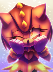 Size: 4410x6000 | Tagged: safe, artist:violetstardoesart, trip the sungazer, 2023, abstract background, absurd res, eyelashes, hands on own face, lineless, looking at viewer, smile, smiling at viewer, solo, standing, star (symbol), wink
