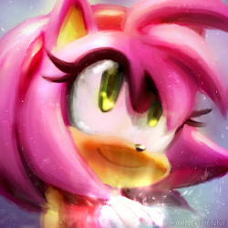 Size: 400x400 | Tagged: safe, artist:karneolienne, amy rose, 2025, gradient background, lineless, looking offscreen, smile, solo