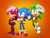 Size: 1024x769 | Tagged: safe, artist:karneolienne, sonia the hedgehog, sonic the hedgehog, hedgehog, sonic underground, 2020, arms folded, brother and sister, brothers, drumstick, female, gradient background, looking at viewer, male, manic the hedgehog, mid-air, mouth open, open smile, siblings, signature, smile, smiling at viewer, spinning object, standing, trio, v sign, wink