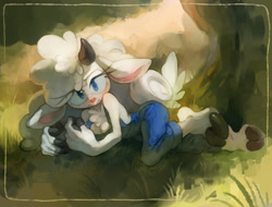 Size: 2048x1556 | Tagged: safe, artist:sony-shock, lanolin the sheep, 2025, abstract background, daytime, eye clipping through hair, grass, lidded eyes, looking at viewer, lying down, lying on side, outdoors, pink nose, solo, tree, under a tree, watercolor