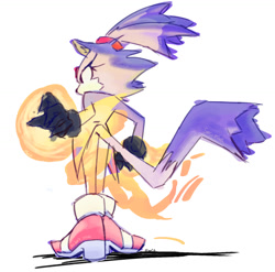 Size: 1457x1440 | Tagged: safe, artist:mania-k, blaze the cat, 2024, cheek fluff, fire, looking offscreen, no mouth, redraw, simple background, solo, sonic rush, standing, white background