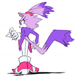 Size: 1411x1433 | Tagged: safe, artist:mania-k, blaze the cat, 2024, alternate version, cheek fluff, claws, flat colors, looking offscreen, no mouth, redraw, simple background, solo, sonic rush, standing, white background