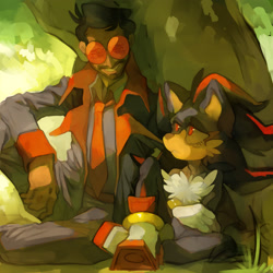 Size: 1800x1800 | Tagged: safe, artist:sony-shock, agent stone, shadow the hedgehog, human, 2024, abstract background, arms folded, cheek fluff, daytime, duo, grass, leaning, leaning on something, lidded eyes, looking at each other, outdoors, sitting, smile, tree, under a tree