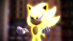 Size: 1280x720 | Tagged: safe, artist:metalclassy, artist:sab64, sonic the hedgehog, super sonic, 2019, 3d, abstract background, clenched fists, clenched teeth, flying, looking offscreen, mid-air, mmd, outdoors, solo, super form