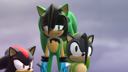 Size: 1280x720 | Tagged: safe, artist:ladyprower, artist:metalclassy, artist:sab64, shadow the hedgehog, oc, oc:ashura the hedgehog, oc:classic ashura, 2019, 3d, blue gloves, clenched teeth, gradient background, lidded eyes, mmd, trio