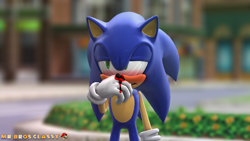 Size: 1280x720 | Tagged: safe, artist:metalclassy, artist:sab64, sonic the hedgehog, 2019, 3d, abstract background, bleeding, blood, blushing, bush, embarrassed, flower, lidded eyes, looking away, mmd, nosebleed, outdoors, solo, standing, station square